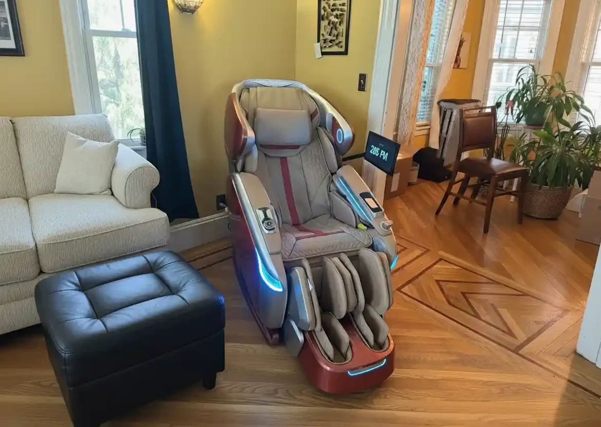 Professional in-home assembly of a luxury massage chair in a Boston, MA living room by Ergo Setup Boston.